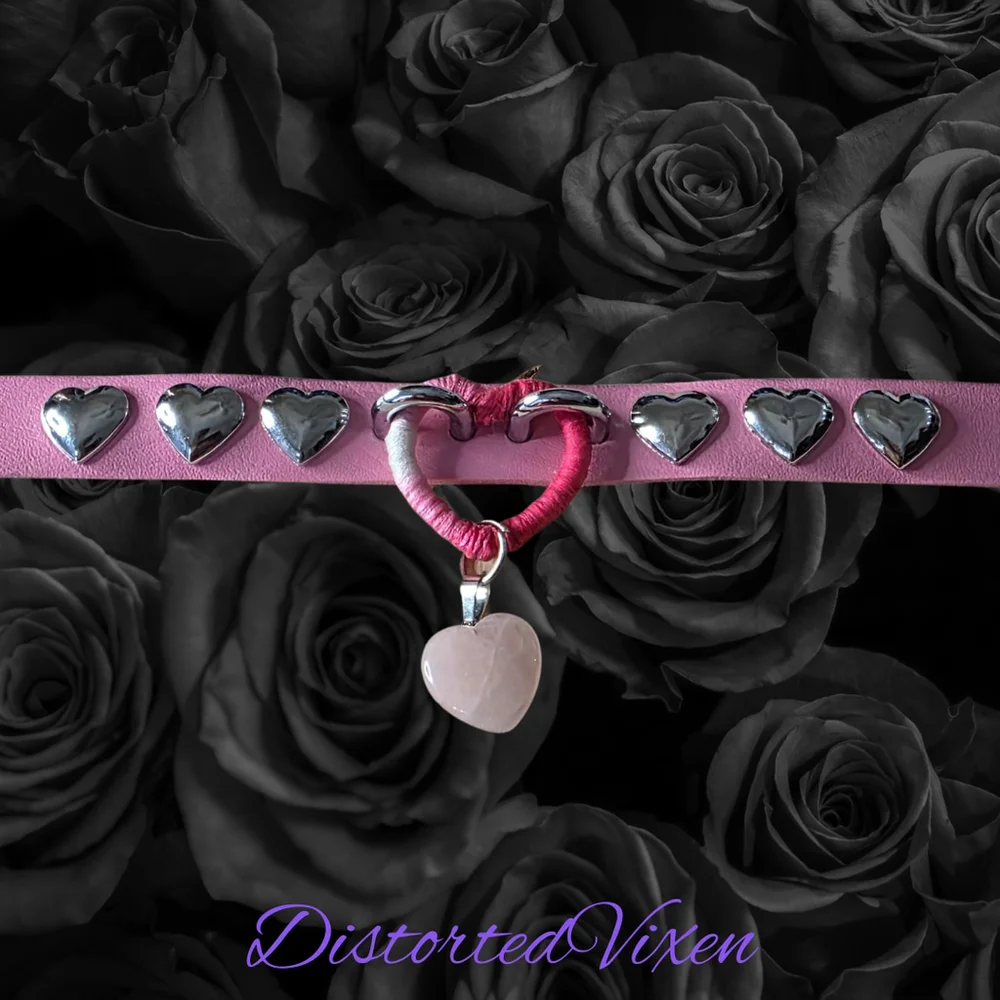 Pink Wrapped Heart Choker – Rose Quartz Charm Collar, Studded Gothic Necklace